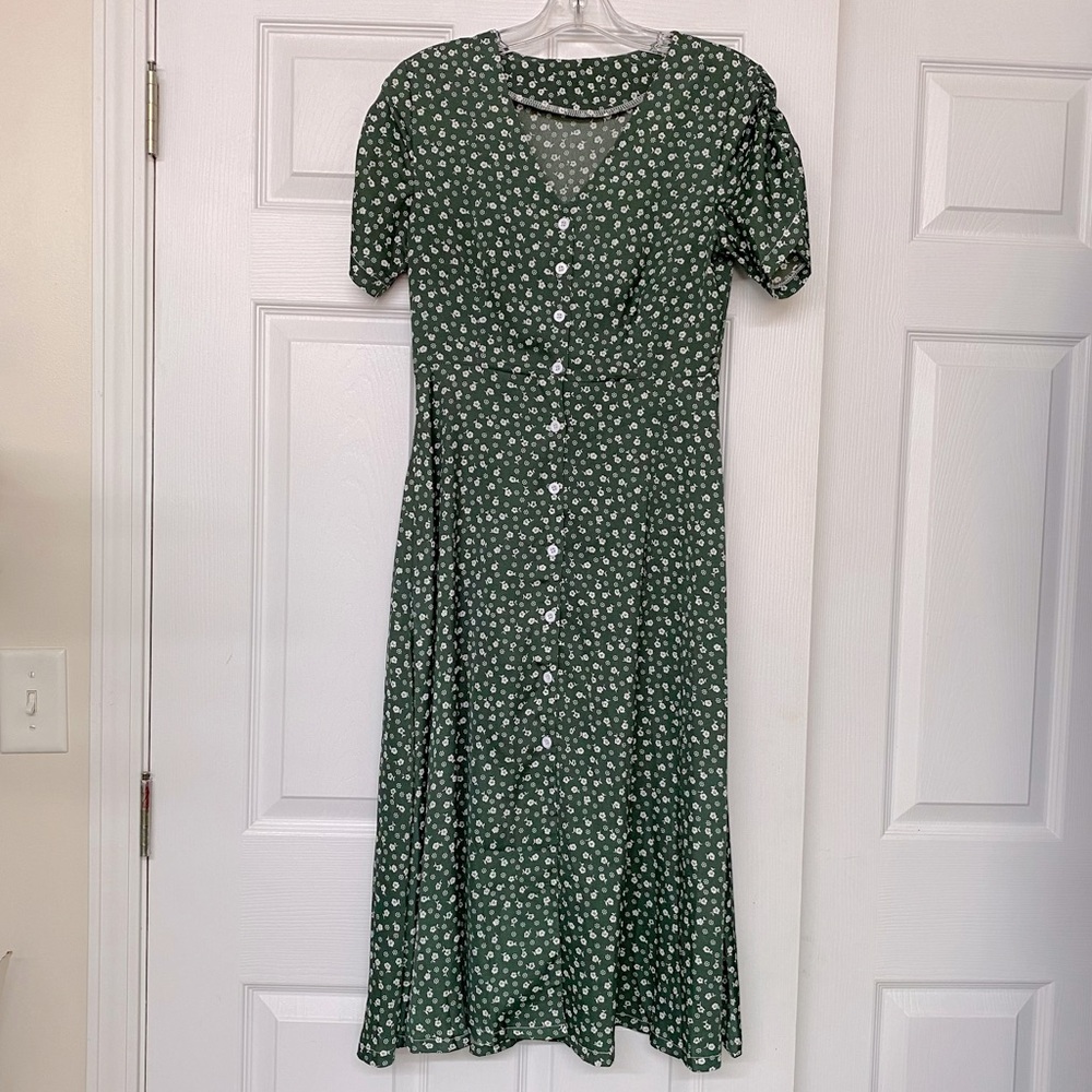 Shein Green Ditzy Floral V Neck Prairie Button Front Midi Dress Sz XS